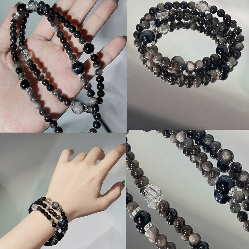 The Starlit Guardian Crystal Bracelet | Silver Obsidian, Black Rutilated Quartz & Blue Tiger’s Eye