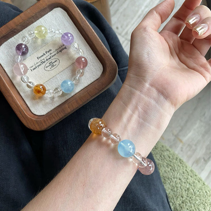 Rainbow Harmony Multi-Crystal Bracelet (Strawberry Quartz, Lemon Quartz, Amethyst, Aquamarine, Clear Quartz, Rose Quartz)