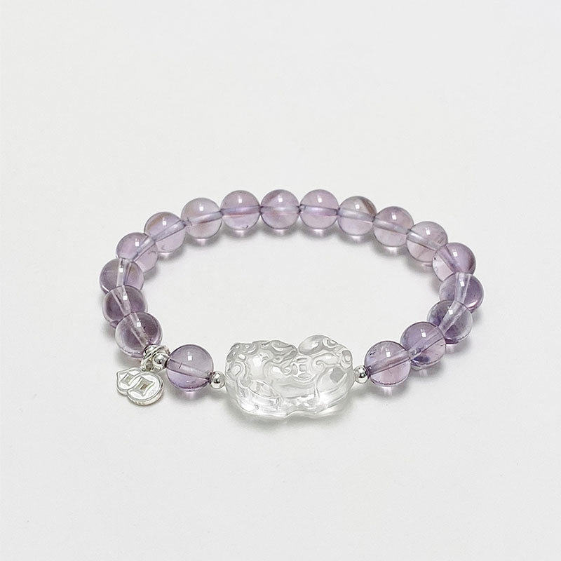 The Wisdom & Wealth Guardian Bracelet | Amethyst & White Quartz Pixiu