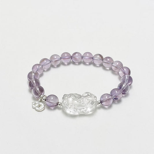 The Wisdom & Wealth Guardian Bracelet | Amethyst & White Quartz Pixiu