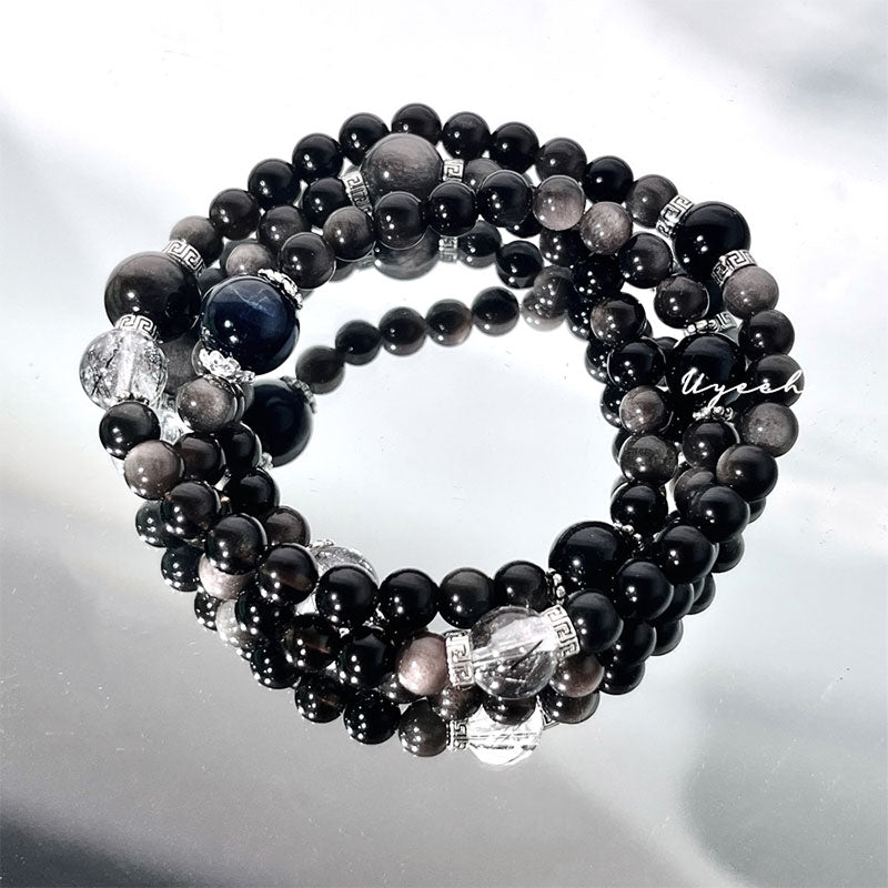 Silver Obsidian, Black Rutilated Quartz & Blue Tiger’s Eye Bracelet for Protection, Focus & Execution