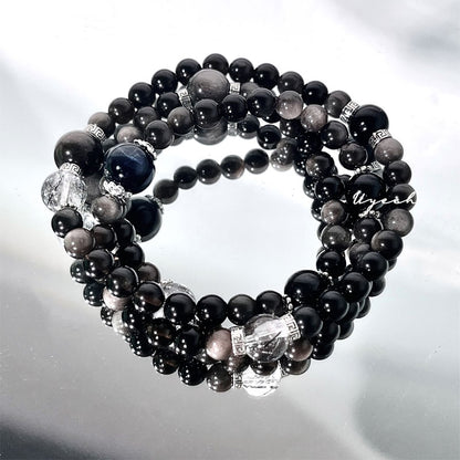 Silver Obsidian, Black Rutilated Quartz & Blue Tiger’s Eye Bracelet for Protection, Focus & Execution