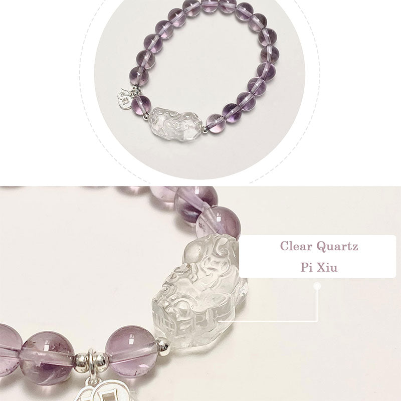 The Wisdom & Wealth Guardian Bracelet | Amethyst & White Quartz Pixiu