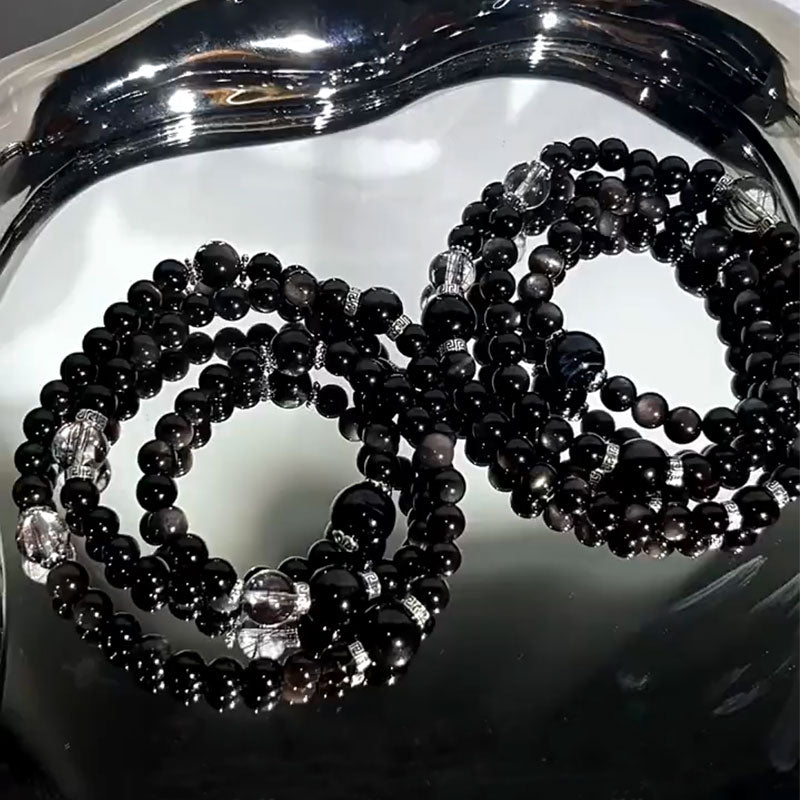 Silver Obsidian, Black Rutilated Quartz & Blue Tiger’s Eye Bracelet for Protection, Focus & Execution