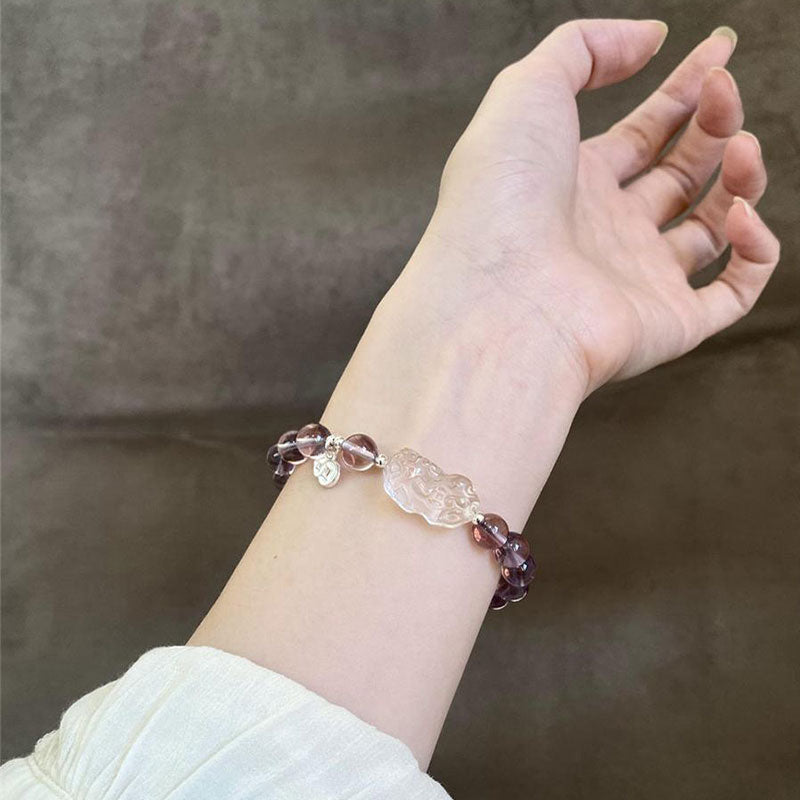 The Wisdom & Wealth Guardian Bracelet | Amethyst & White Quartz Pixiu