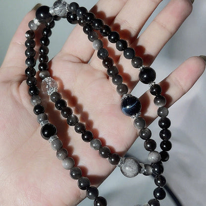 Silver Obsidian, Black Rutilated Quartz & Blue Tiger’s Eye Bracelet for Protection, Focus & Execution