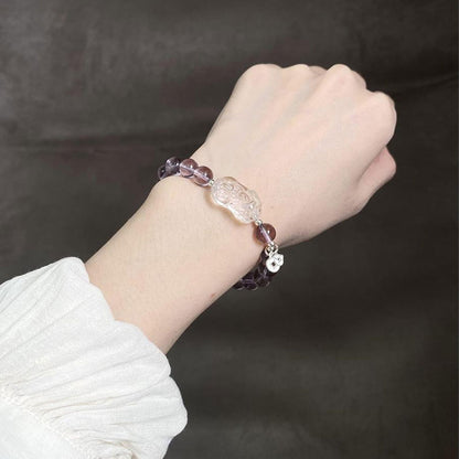 The Wisdom & Wealth Guardian Bracelet | Amethyst & White Quartz Pixiu