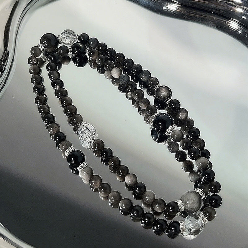 Silver Obsidian, Black Rutilated Quartz & Blue Tiger’s Eye Bracelet for Protection, Focus & Execution