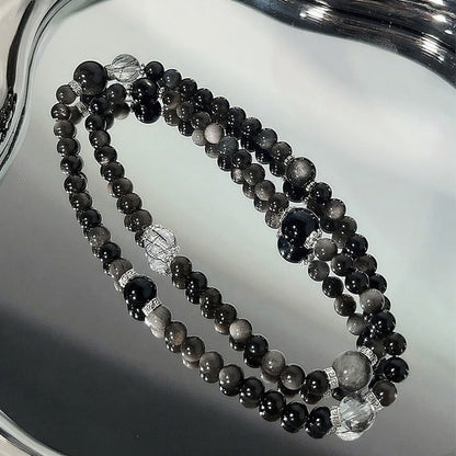 Silver Obsidian, Black Rutilated Quartz & Blue Tiger’s Eye Bracelet for Protection, Focus & Execution