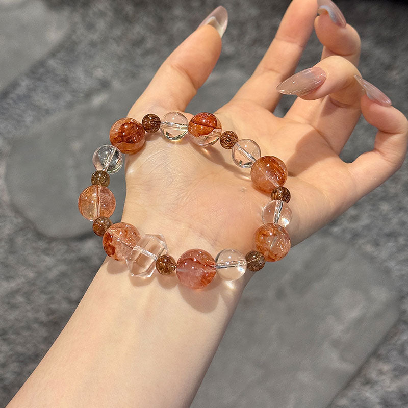 Fire Quartz, Clear Quartz & Red-Black Rutilated Quartz-The Flame Guardian Prosperity Crystal Bracelet