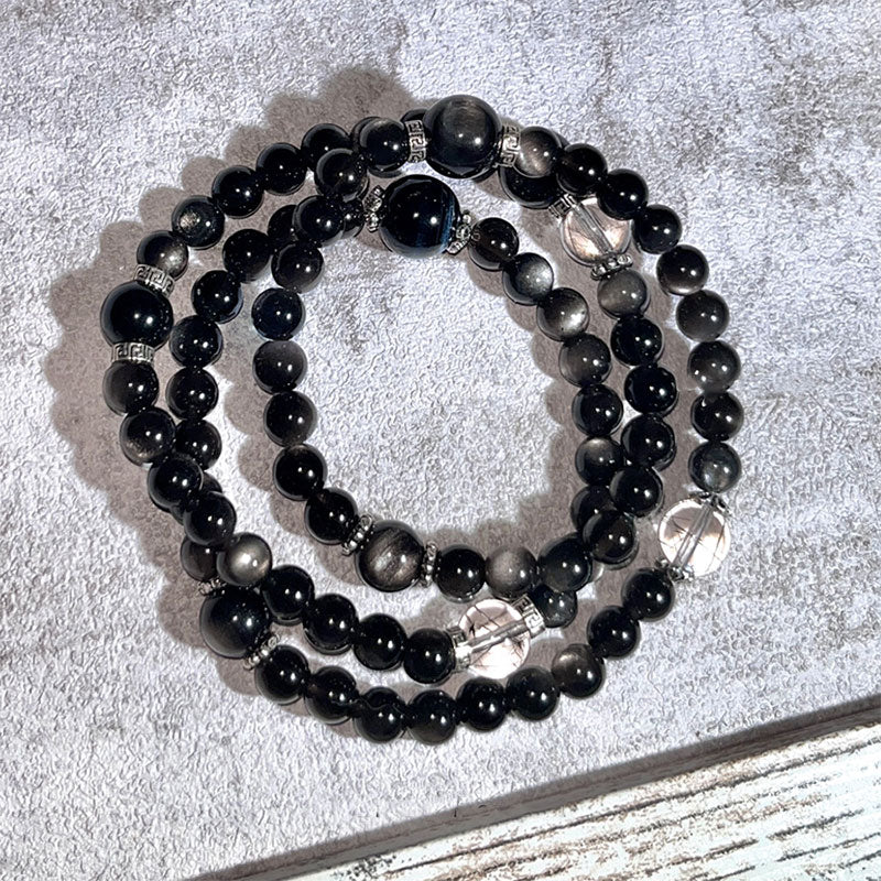 Silver Obsidian, Black Rutilated Quartz & Blue Tiger’s Eye Bracelet for Protection, Focus & Execution