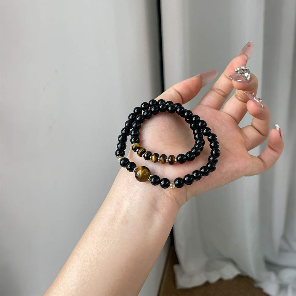 Tiger Eye & Obsidian Healing Crystal Bracelet (Double Wrap)