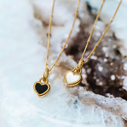 Black Onyx & Mother of Pearl Heart Two- Double Side  Necklace – Sterling Silver with 18K Gold Plating