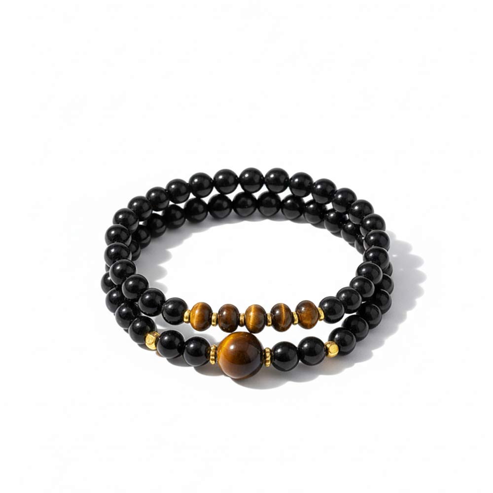 Tiger Eye & Obsidian Healing Crystal Bracelet (Double Wrap)