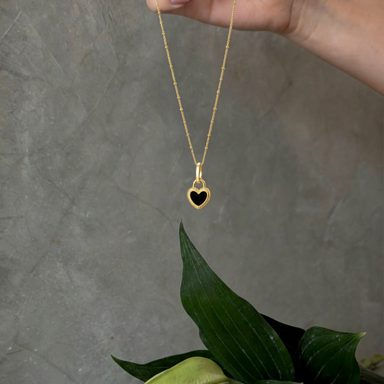 Black Onyx & Mother of Pearl Heart Two- Double Side  Necklace – Sterling Silver with 18K Gold Plating