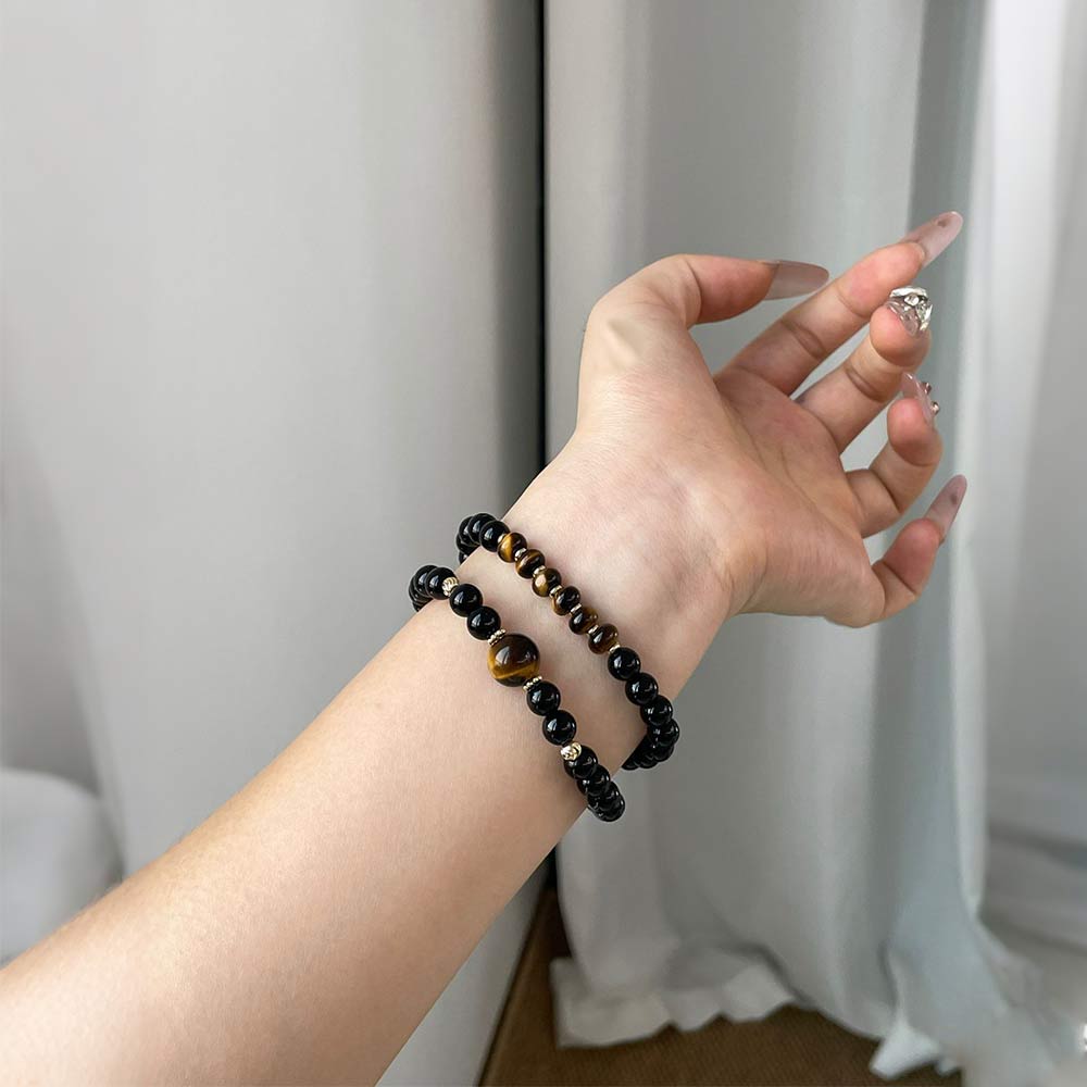 Tiger Eye & Obsidian Healing Crystal Bracelet (Double Wrap)