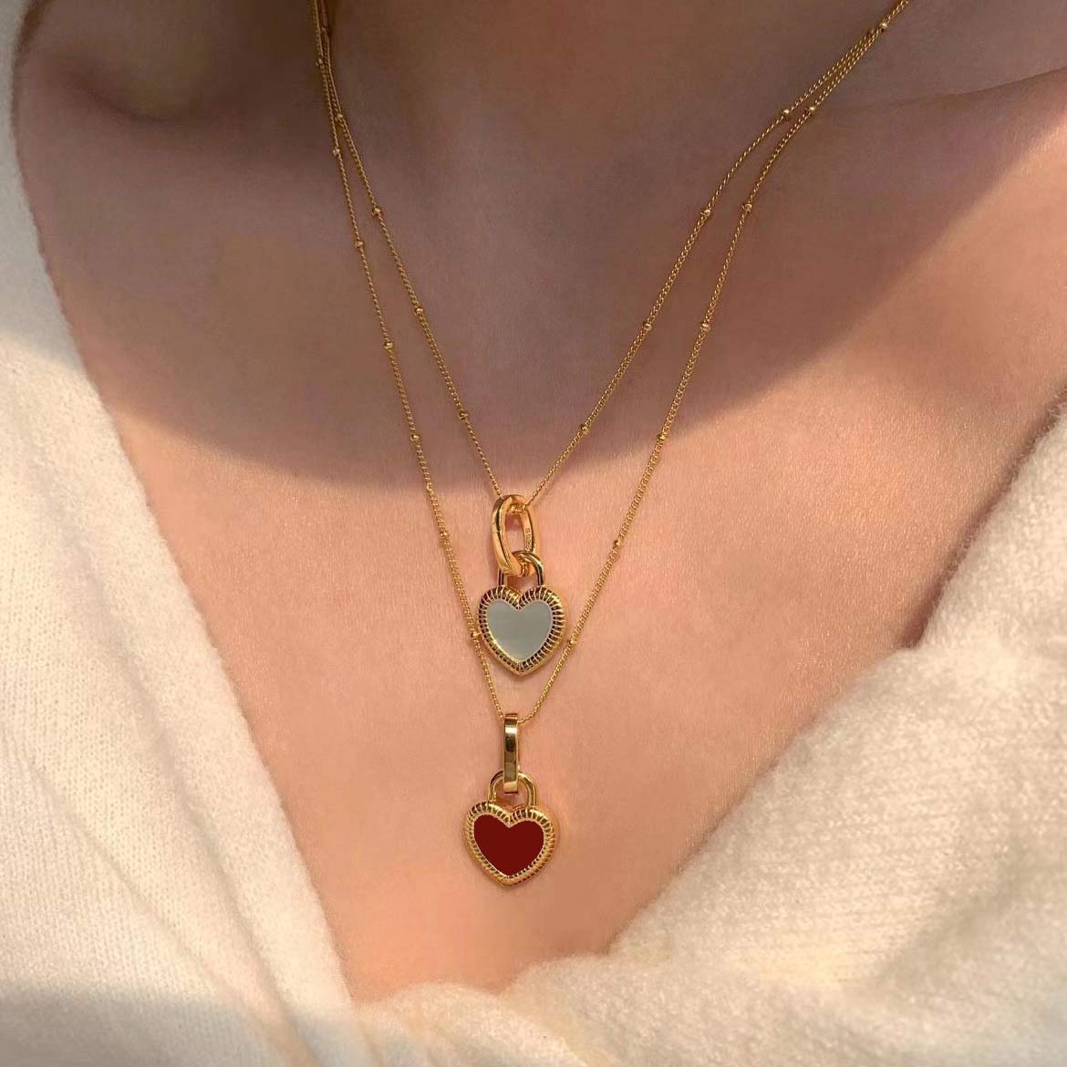 Red Agate & Mother of Pearl Reversible Necklace – Sterling Silver with 18K Gold Plating