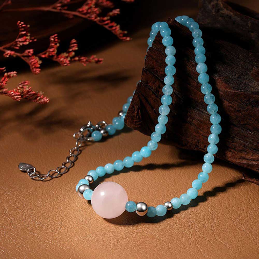Aquamarine & Rose Quartz Jewelry Set – Sterling Silver Bracelet & Necklace