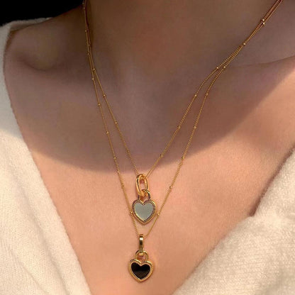 Black Onyx & Mother of Pearl Heart Two- Double Side  Necklace – Sterling Silver with 18K Gold Plating