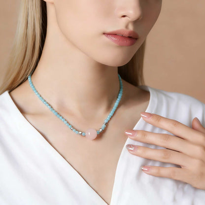 Aquamarine & Rose Quartz Jewelry Set – Sterling Silver Bracelet & Necklace