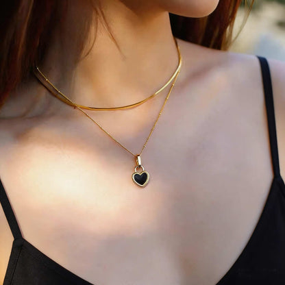 Black Onyx & Mother of Pearl Heart Two- Double Side  Necklace – Sterling Silver with 18K Gold Plating