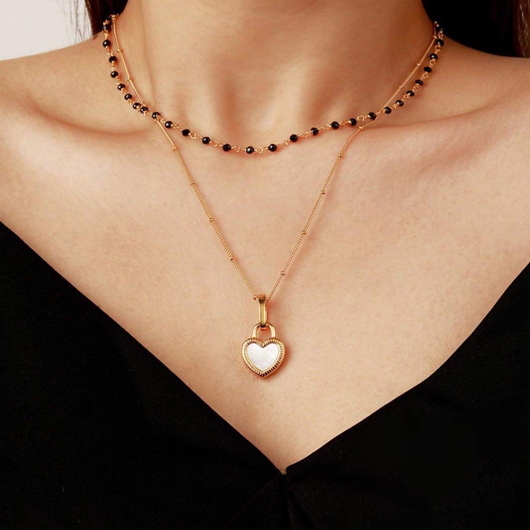 Black Onyx & Mother of Pearl Heart Two- Double Side  Necklace – Sterling Silver with 18K Gold Plating