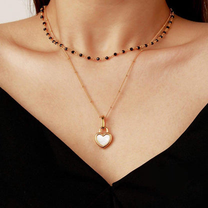 Black Onyx & Mother of Pearl Heart Two- Double Side  Necklace – Sterling Silver with 18K Gold Plating