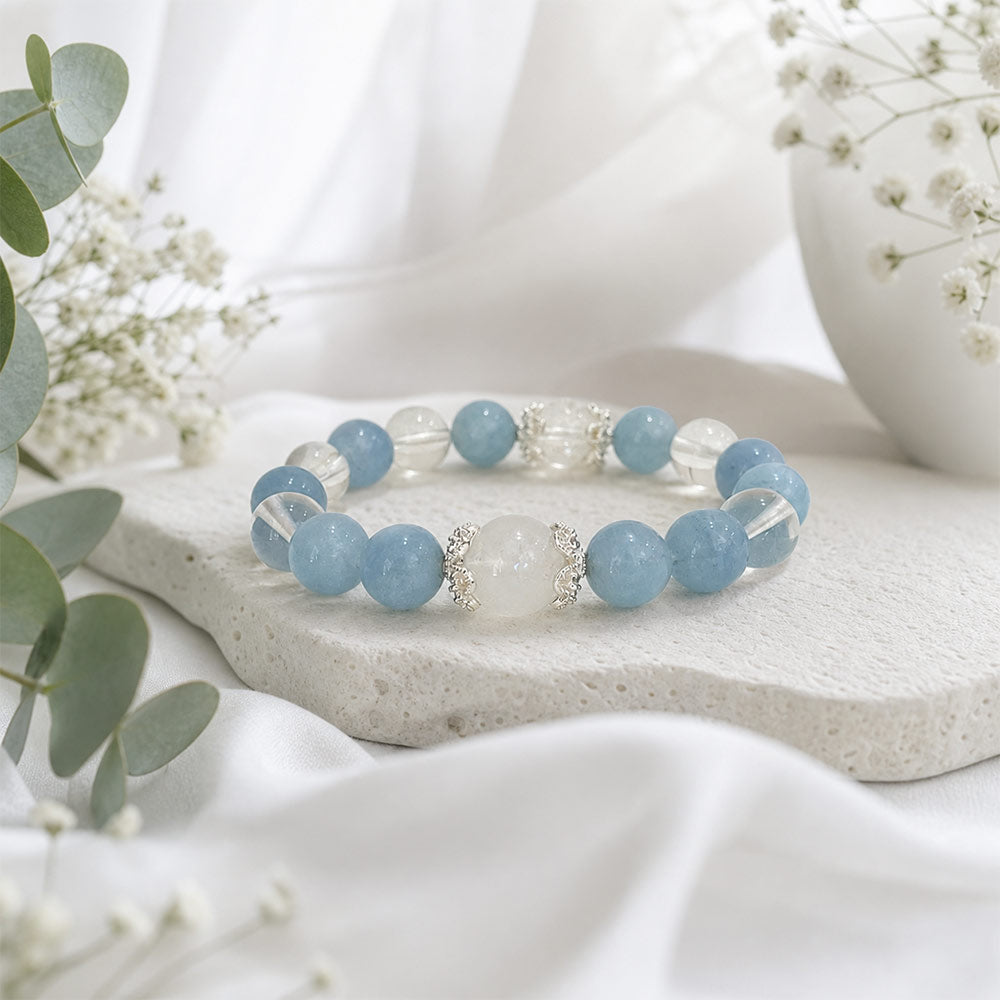 Aquamarine, Moonstone & Clear Quartz Bracelet for Calm, Insight & Clarity
