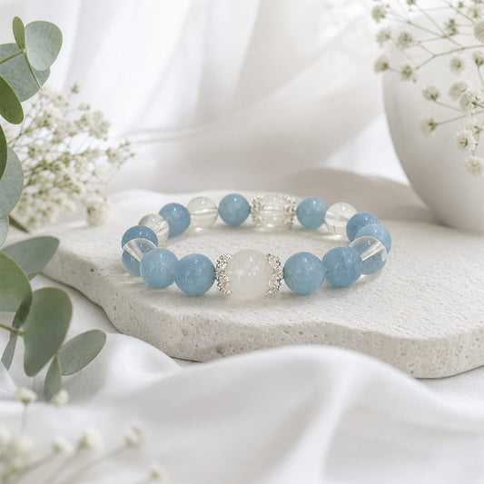 Aquamarine, Moonstone & Clear Quartz Bracelet for Calm, Insight & Clarity