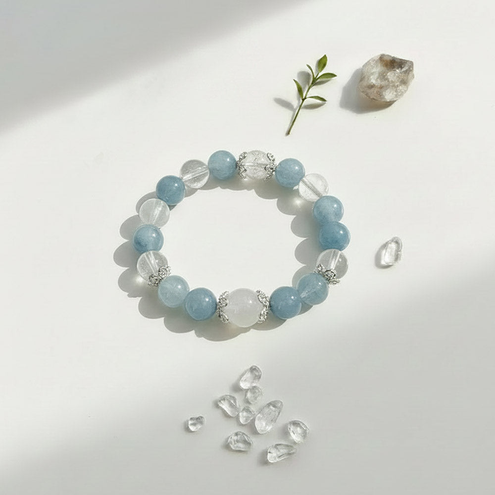 Aquamarine, Moonstone & Clear Quartz Bracelet for Calm, Insight & Clarity