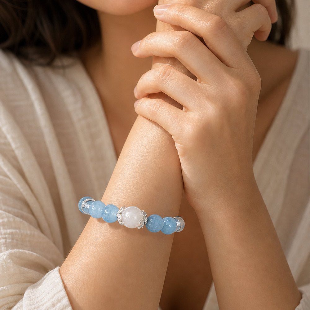 Aquamarine, Moonstone & Clear Quartz Bracelet for Calm, Insight & Clarity