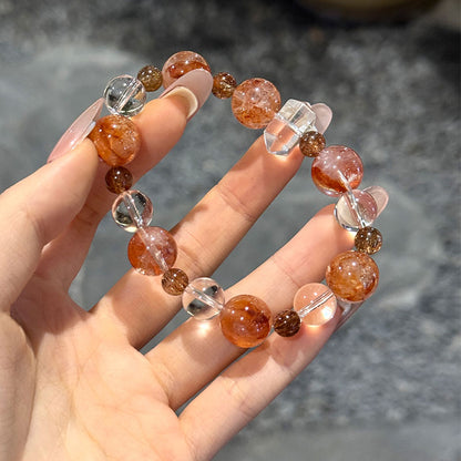 Fire Quartz, Clear Quartz & Red-Black Rutilated Quartz-The Flame Guardian Prosperity Crystal Bracelet