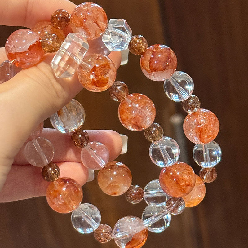 Fire Quartz, Clear Quartz & Red-Black Rutilated Quartz-The Flame Guardian Prosperity Crystal Bracelet