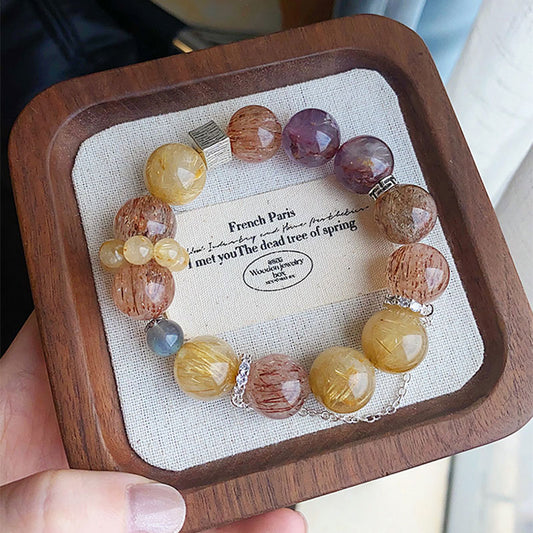Abundance & Protection - Golden Rutilated Quartz, Black-red Rutile Quartz, Phantom Amethyst & Gray Moonstone Bracelet