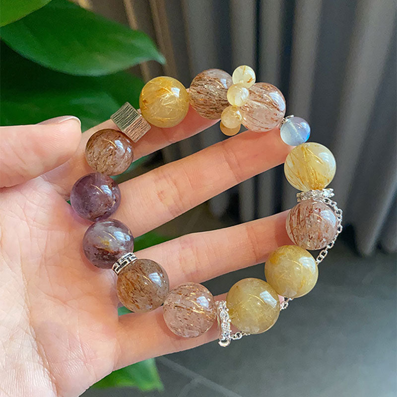 Abundance & Protection - Golden Rutilated Quartz, Black-red Rutile Quartz, Phantom Amethyst & Gray Moonstone Bracelet