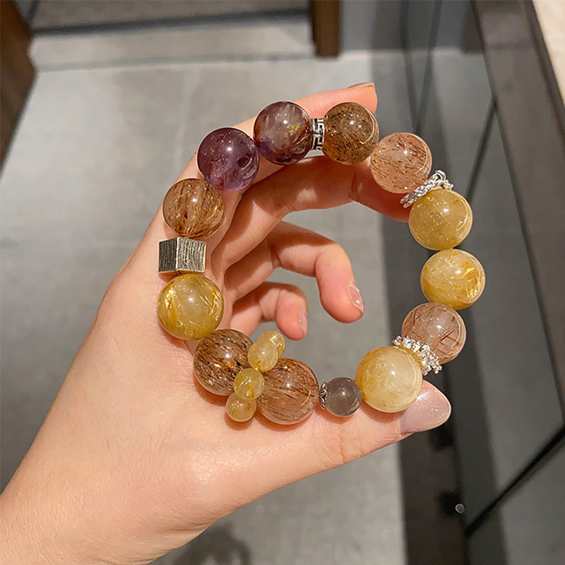 Abundance & Protection - Golden Rutilated Quartz, Black-red Rutile Quartz, Phantom Amethyst & Gray Moonstone Bracelet