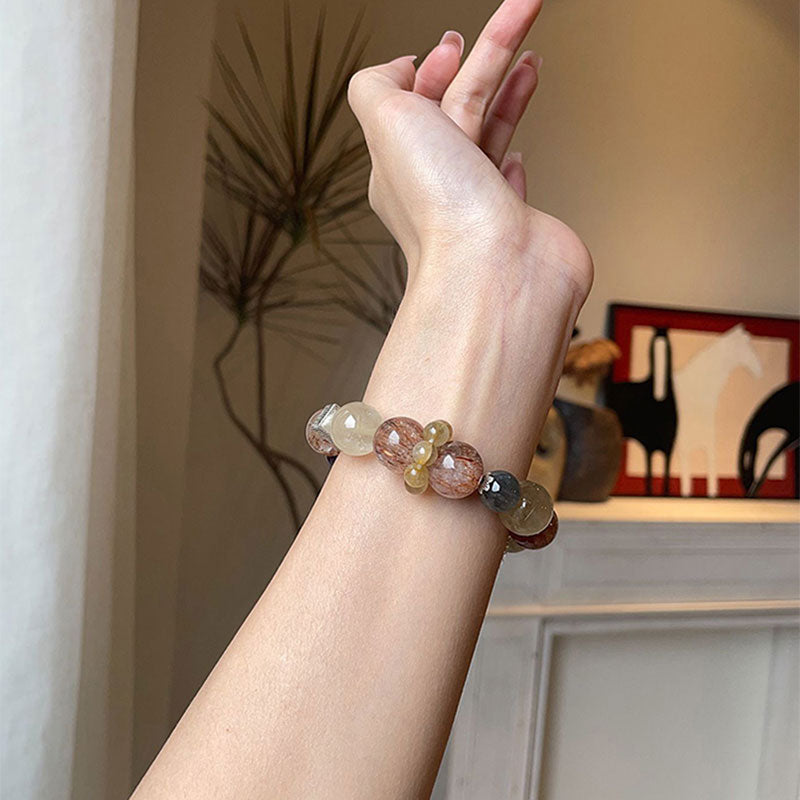 Abundance & Protection - Golden Rutilated Quartz, Black-red Rutile Quartz, Phantom Amethyst & Gray Moonstone Bracelet