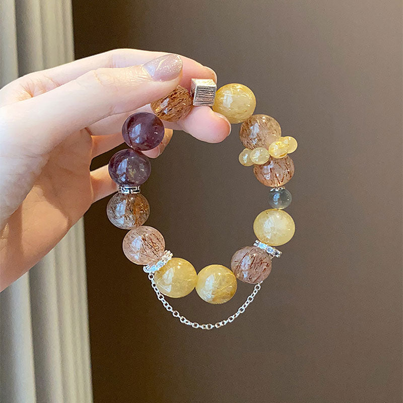 Abundance & Protection - Golden Rutilated Quartz, Black-red Rutile Quartz, Phantom Amethyst & Gray Moonstone Bracelet