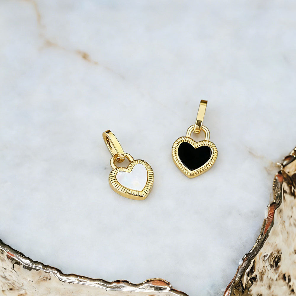 Black Onyx & Mother of Pearl Heart Two- Double Side  Necklace – Sterling Silver with 18K Gold Plating